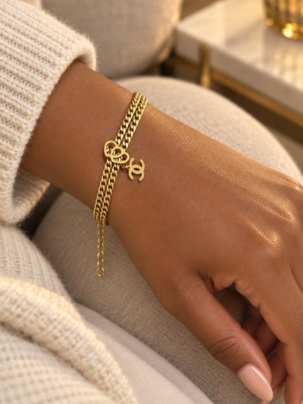 Gold Double Chain Bracelet with Interlocking Charm,waterproof